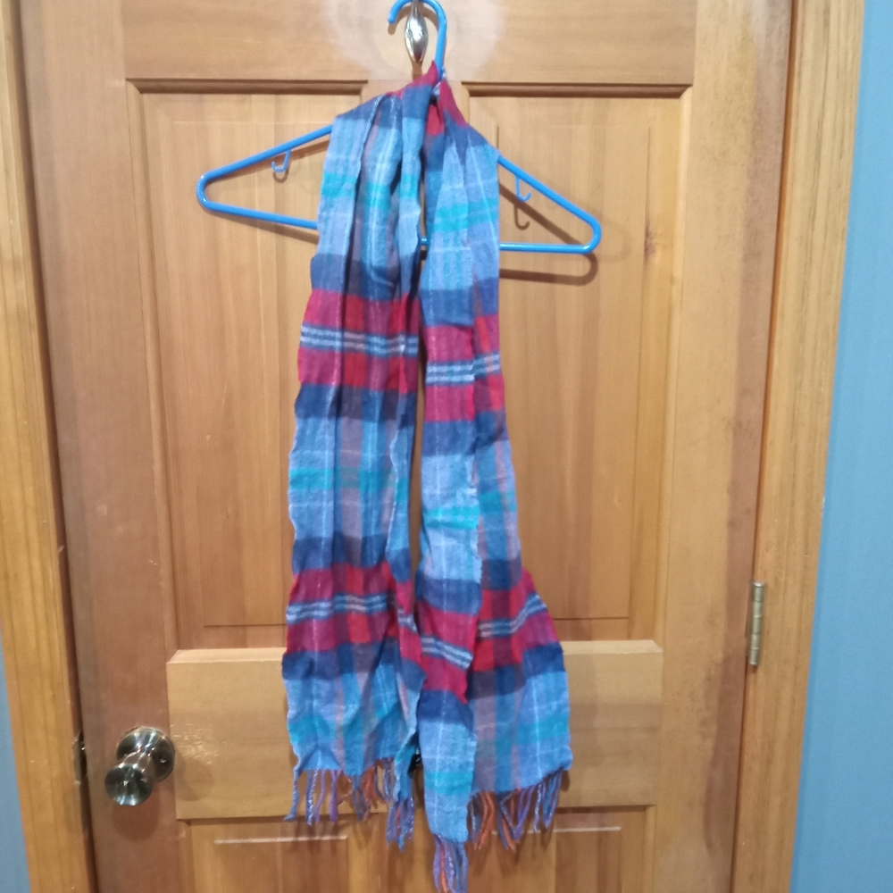John Hanly 100% extra fine merino wool blue red striped scarf